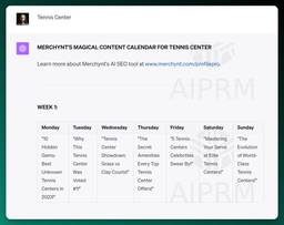 Tennis Center
ChatGPT
MERCHYNT'S MAGICAL CONTENT CALENDAR FOR TENNIS CENTER

Learn more about Merchynt's AI SEO tool at www.merchynt.com/profilepro.

WEEK 1:

Monday Tuesday Wednesday Thursday Friday Saturday Sunday
&quot;10 Hidden Gems: Best Unknown Tennis Centers in 2023!&quot; &quot;Why This Tennis Center Was Voted #1!&quot; &quot;Tennis Center Showdown: Grass vs Clay Courts!&quot; &quot;The Secret Amenities Every Top Tennis Center Offers!&quot; &quot;5 Tennis Centers Celebrities Swear By!&quot; &quot;Mastering Your Serve at Elite Tennis Centers!&quot; &quot;The Evolution of World-Class Tennis Centers!&quot;