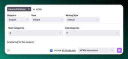 A look at the input fields when you use AIPRM's keyword prompt to find insights and topic ideas - for this example we used 'preparing for tax season'