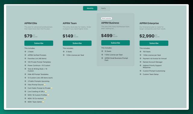 Screenshot of AIPRM Business Plans