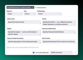 Screenshot of an AIPRM prompt for a social media candle company post.