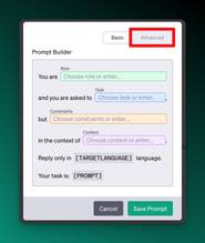 Screenshot of AIPRM Prompt Wizard Template - advanced toggle highlighted