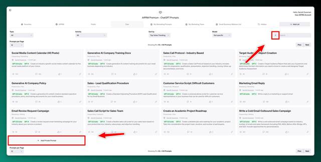 Screenshot of AIPRM Dashboard - Highlighted where to click to create a prompt