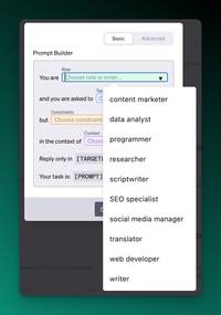 Screenshot of AIPRM Prompt Wizard Template - drop down menu to select a role.