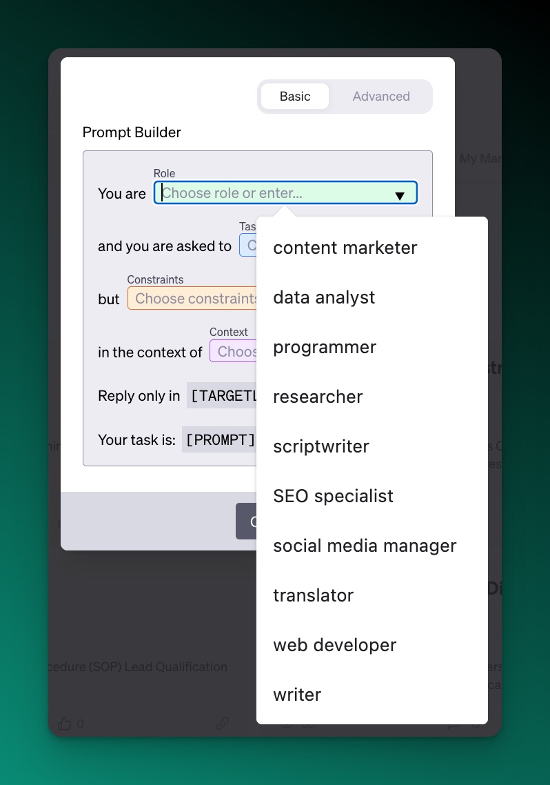 Screenshot of AIPRM's Prompt Wizard - Drop down options