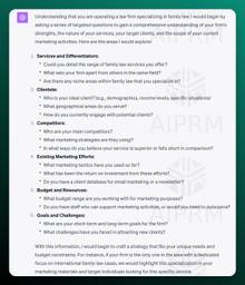 Understanding that you are operating a law firm specializing in family law, I would begin by asking a series of targeted questions to gain a comprehensive understanding of your firm's strengths, the nature of your services, your target clients, and the scope of your current marketing activities. Here are the areas I would explore:

Services and Differentiators:

Could you detail the range of family law services you offer?
What sets your firm apart from others in the same field?
Are there any niche areas within family law that you specialize in?
Clientele:

Who is your ideal client? (e.g., demographics, income levels, specific situations)
What geographical areas do you serve?
How do you currently engage with potential clients?
Competitors:

Who are your main competitors?
What marketing strategies are they using?
In what ways do you believe your service is superior or falls short in comparison?
Existing Marketing Efforts:

What marketing tactics have you used so far?
What has been the return on investment from these efforts?
Do you have a client database for email marketing or a newsletter?
Budget and Resources:

What budget range are you working with for marketing purposes?
Do you have staff who can support marketing activities, or would you need to outsource?
Goals and Challenges:

What are your short-term and long-term goals for the firm?
What challenges have you faced in attracting new clients?
With this information, I would begin to craft a strategy that fits your unique needs and budget constraints. For instance, if your firm is the only one in the area with a dedicated focus on international family law cases, we would highlight this specialization in your marketing materials and target individuals looking for this specific service.