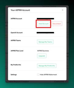 Screenshot of AIPRM management modal with View Account highlighted.