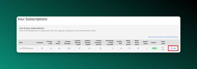 Screenshot of AIPRM's your subscription section with the Manage option highlighted.