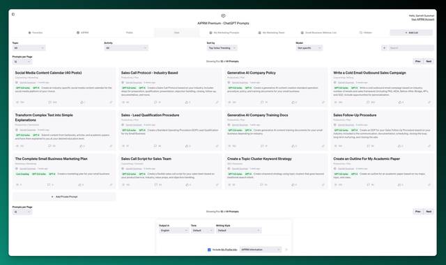 Screenshot of AIPRM Dashboard prompts