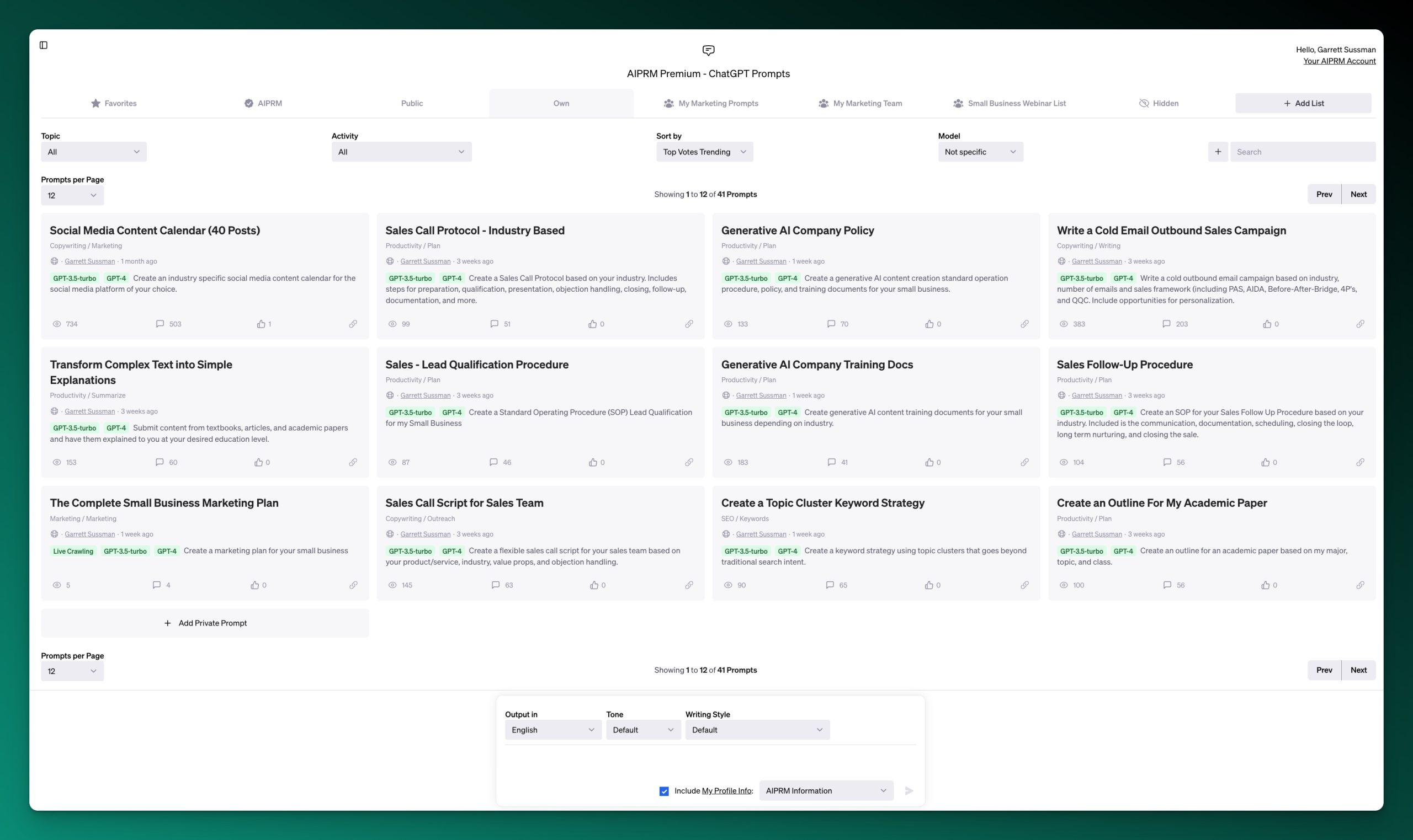 Screenshot of AIPRM Dashboard