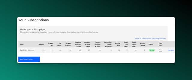 Screenshot of AIPRM's subscription section.
