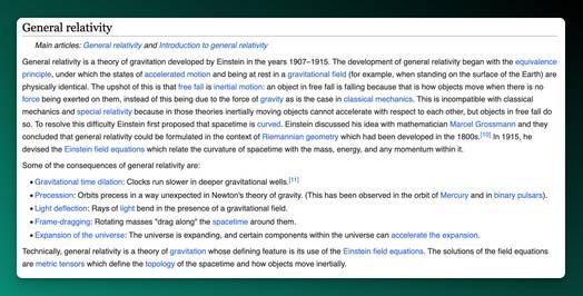 Wikipedia entry for theory of General Relativity