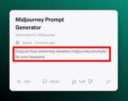 Screenshot of an AIPRM prompt template Prompt Teaser description for a Midjourney generator prompt.
