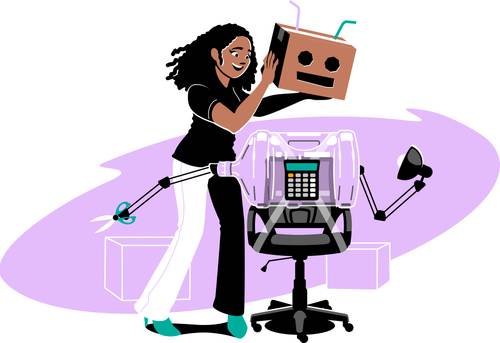 A digital illustration of a person putting the head on the robot. Visualize like they were building the robot from scratch with tools on the grounds around the robot.
