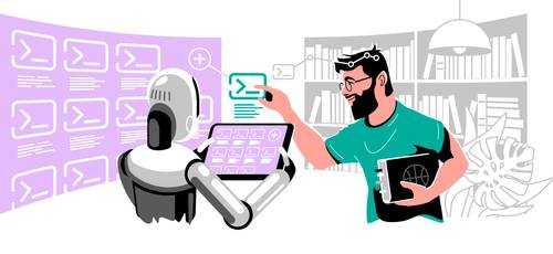 A digital illustration in a futuristic, well-lit library, a sleek modern robot stands beside a large, floating digital screen displaying a grid of prompts in an organized manner. The robot, acting as a librarian, holds a tablet that mirrors a section of the screen, showcasing it's in control of managing the prompt library. On the other side, a human hand interacts with a digital panel, dragging a new prompt into the grid on the large screen, illustrating the collaborative effort in building the prompt library. The setting merges the warmth of a traditional library with the advanced technology, representing the synthesis of the past and the future in the endeavor of knowledge management and prompt library creation.

