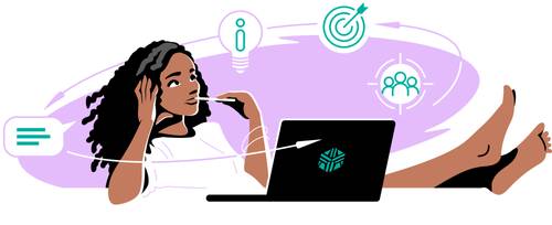 A woman marketer sitting at a desk thinking about writing prompts for ChatGPT.