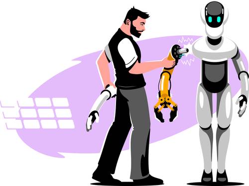 A digital illustration of a person replacing a robot's arm with a different colored arm, but has a claw at the end of it.

