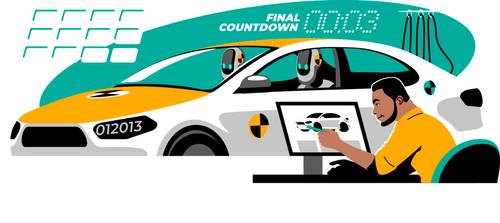 A digital illustration of two robots in a car designed like crash test dummies. A scientist with a hard hat at a podium with a computer about to send the car into a test.
