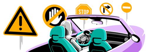 A digital illustration of a robot in a car. On the side of the road, many signs with stop, warning, don't, etc.
