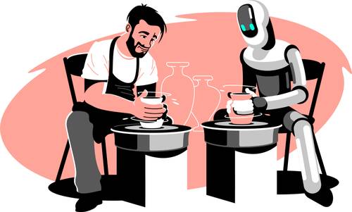 Digital illustration: A robot sitting next to a person. Both at pottery wheels. Examples of vases in the back.