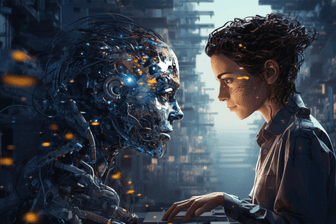 Midjourney image of a woman and a robot staring at each other.