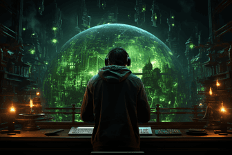 Midjourney image of someone wearing headphones doing futuristic research on the neon green sphere