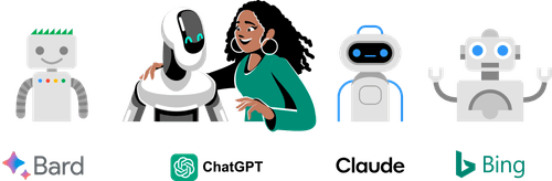 Digital illustration of a woman choosing the ChatGPT chatbot over Bard, Claude, and Bing.