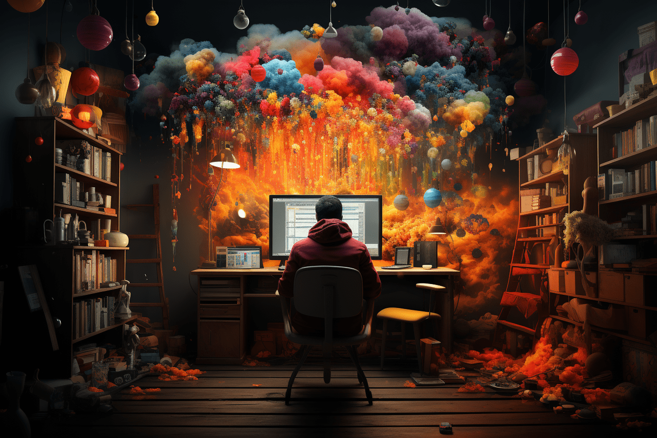 Midjourney image with the prompt Content marketing. A man at a computer in his room, colorful clouds above him inside.