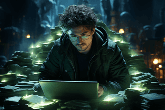 Midjourney image of a frustrated man at a computer with geen books in a pile behind him.
