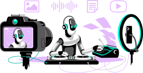 An illustration of a robot creating video, text, pictures and music.