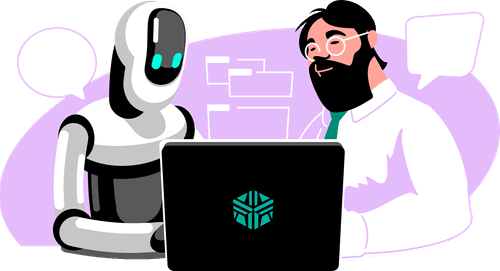 An illustration of a robot and a person working together in front of a computer with the AIPRM logo in front of it.
