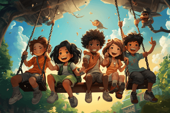 digital illustration traditional school swing set, kids, playing, social, colorful 