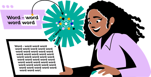 An illustration of a woman using a computer and taking words to create more words, representing a large language model.