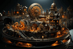 MidJourney image isometric poly art representing time and resources - little model town at night with clocks
