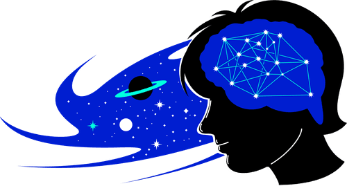 An illustration of a boy in silhouette. Inside his brain is a star constellation. Coming out of his head are stars and planets.
