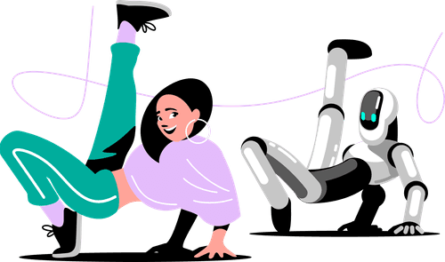 An illustration of a woman showing a robot how to dance.