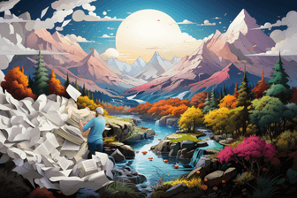 Midjourney image of a writer designing a landscape with written words.