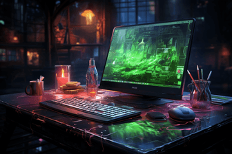 Midjourney digital illustration of a neon green computer on a desk.