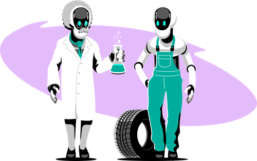 Digital Illustration of two robots one is dressed as a scientist and the other is dressed as a car mechanic.
