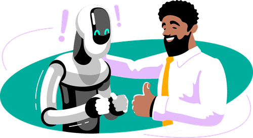 An illustration of a man giving positive reinforcement to a robot by giving it a thumb's up.