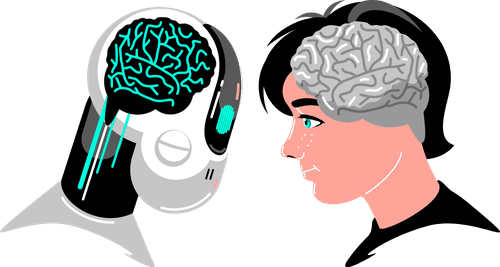 AI (Artificial Intelligence) - an illustration of a robot and a human head to head. The brain of each are visible in comparison.