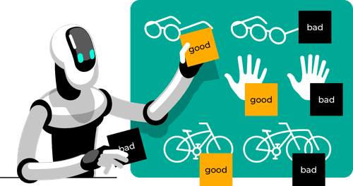An illustration of a robot determining whether pictures of glasses, hands, and bikes are good or bad.