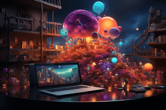 Midjourney image of a laptop covered in colorful bubbles