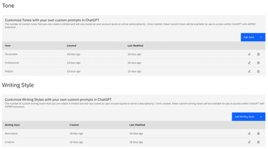 Screenshot of AIPRM's Custom Tones and Writing Styles