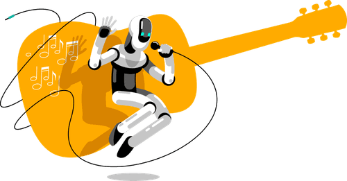 An illustration of a robot singing into a microphone with a guitar behind it.