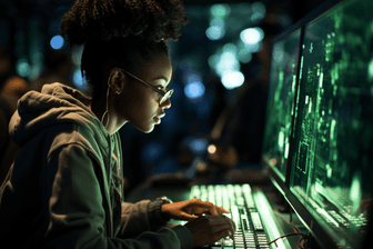 Midjourney image. Woman on futuristic computer typing.